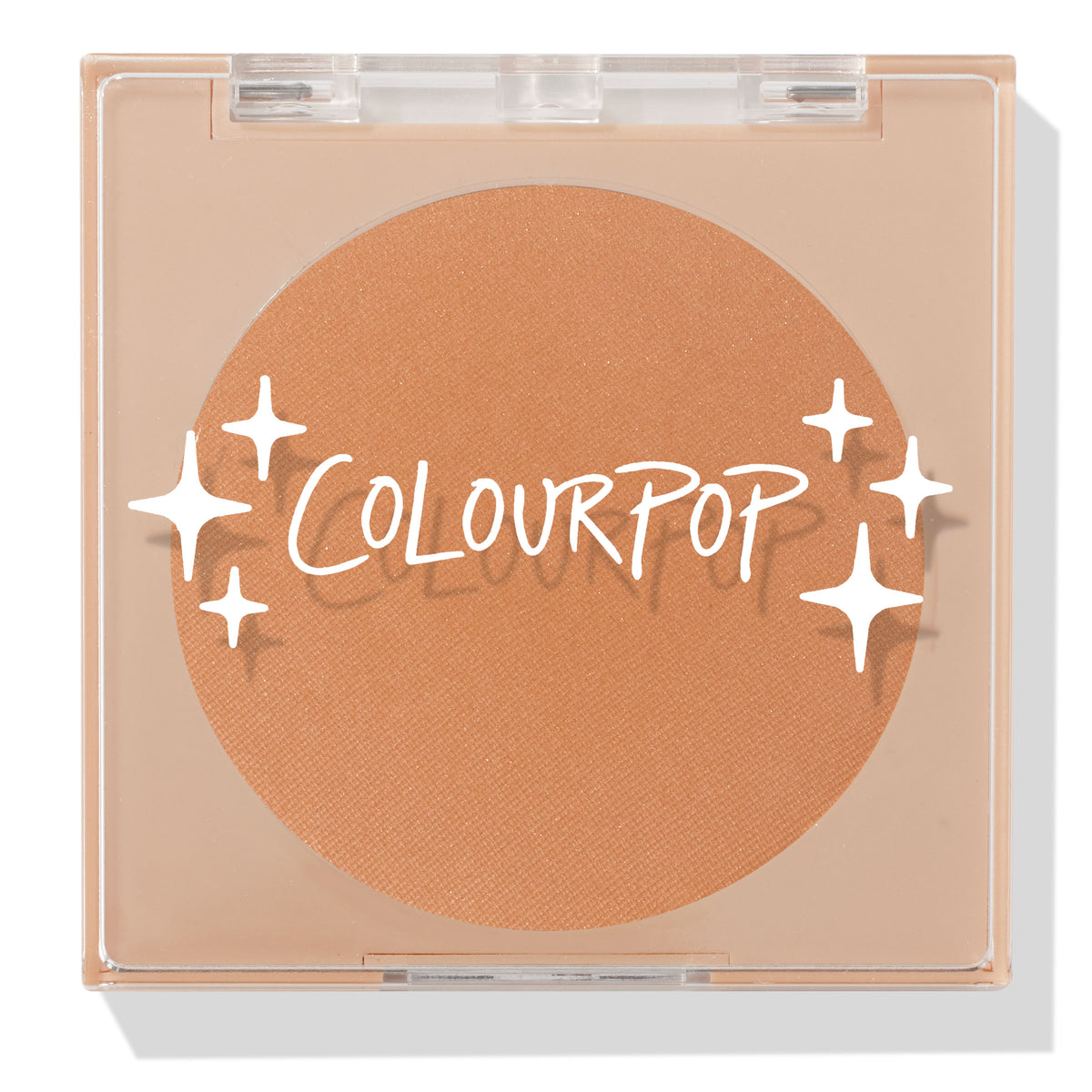 ColourPop Pressed Powder Bronzer in Silver Strand Beach, a warm tan matte shade, shown closed in a square clear compact with white ColourPop logo and star accents on the lid, displaying the full round pan in a sleek beige case.