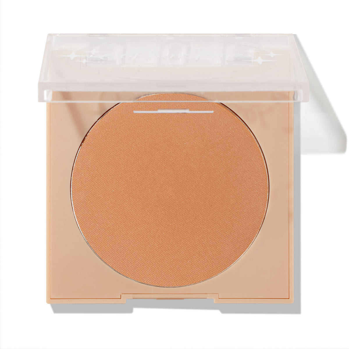 ColourPop Pressed Powder Bronzer in Silver Strand Beach, a warm tan matte shade, rests in a nude square compact with a clear lid flipped halfway open, revealing the round pan against a clean white studio background.