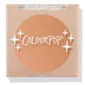 ColourPop Pressed Powder Bronzer in Summerland Beach shown closed, warm golden-tan pan inside a clear square compact with white sparkle graphics and ColourPop logo, set against a clean white background.