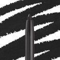 ColourPop Crème Gel Liner in Swerve drawing bold matte-black strokes, shown as a twist-up eyeliner tip against a backdrop of thick black swatches, highlighting creamy, long-wearing, smudge-proof formula for precise eye definition.
