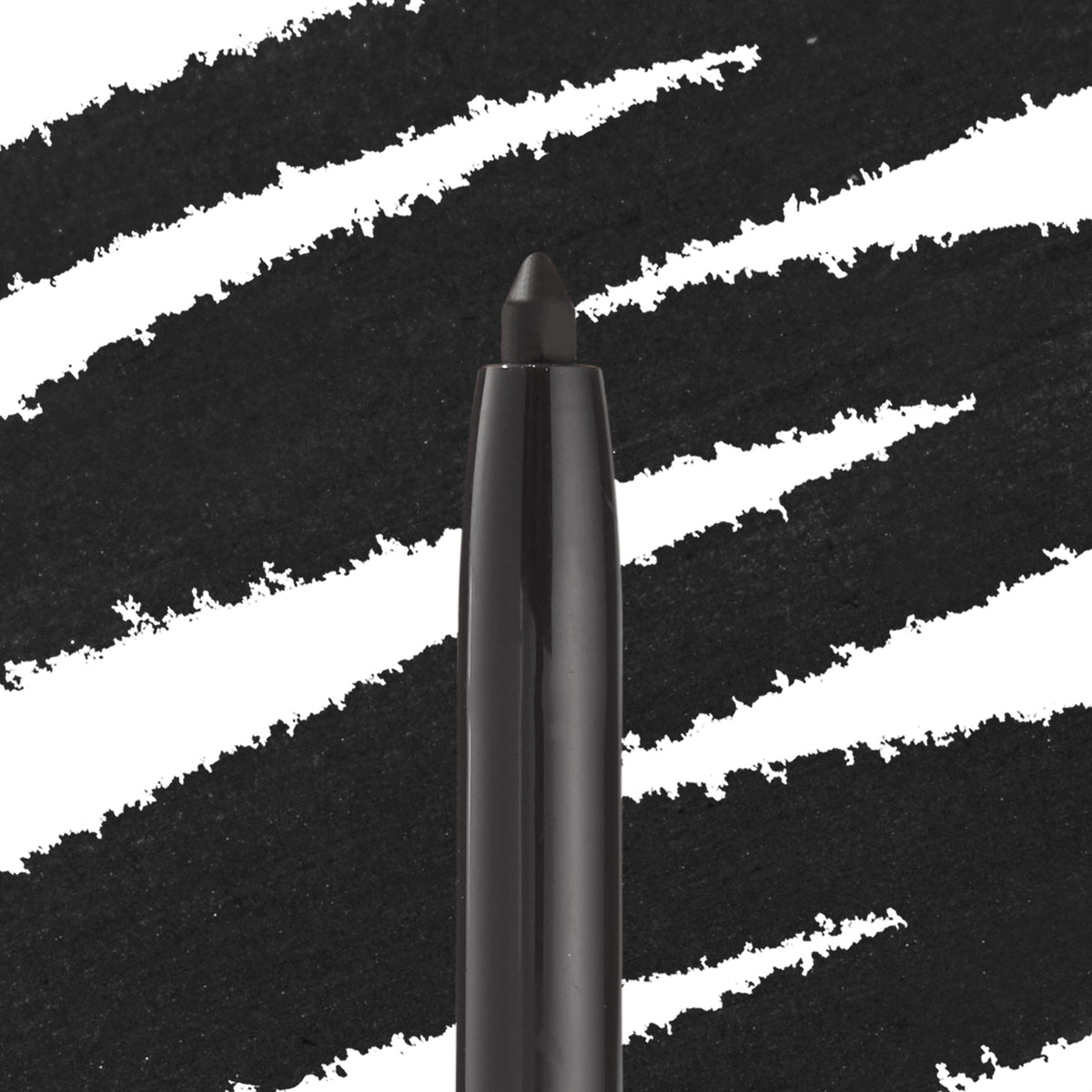ColourPop Crème Gel Liner in Swerve drawing bold matte-black strokes, shown as a twist-up eyeliner tip against a backdrop of thick black swatches, highlighting creamy, long-wearing, smudge-proof formula for precise eye definition.